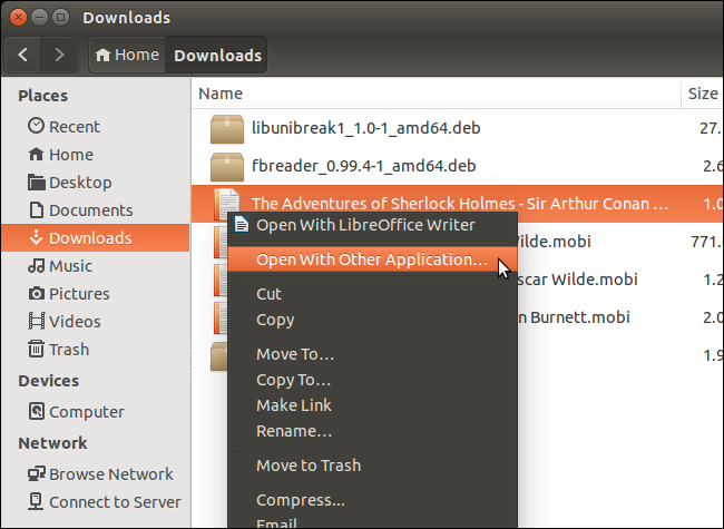 Выбор «Открыть с помощью» для .mobi