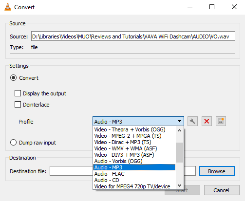 Выбор профиля MP3 в VLC