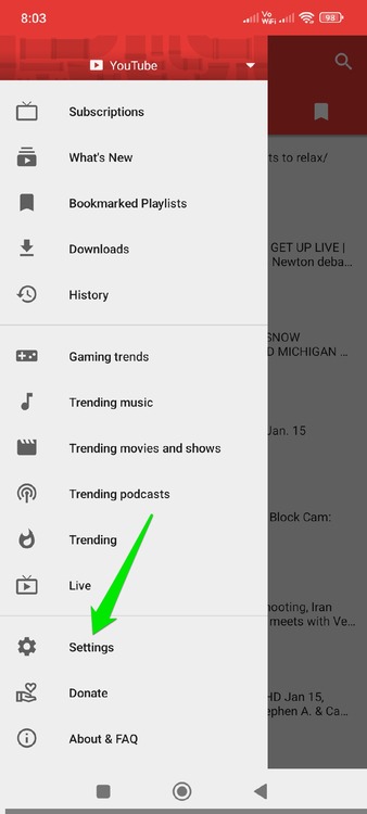 Меню настроек NewPipe
