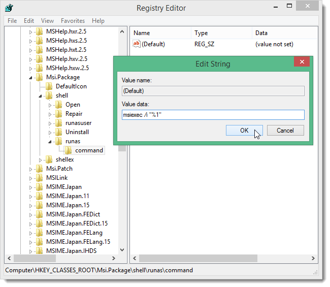 Ввод команды msiexec для запуска установки