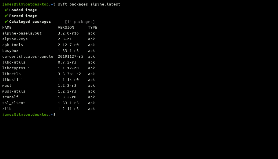 Скриншот вывода Syft с табличным списком пакетов