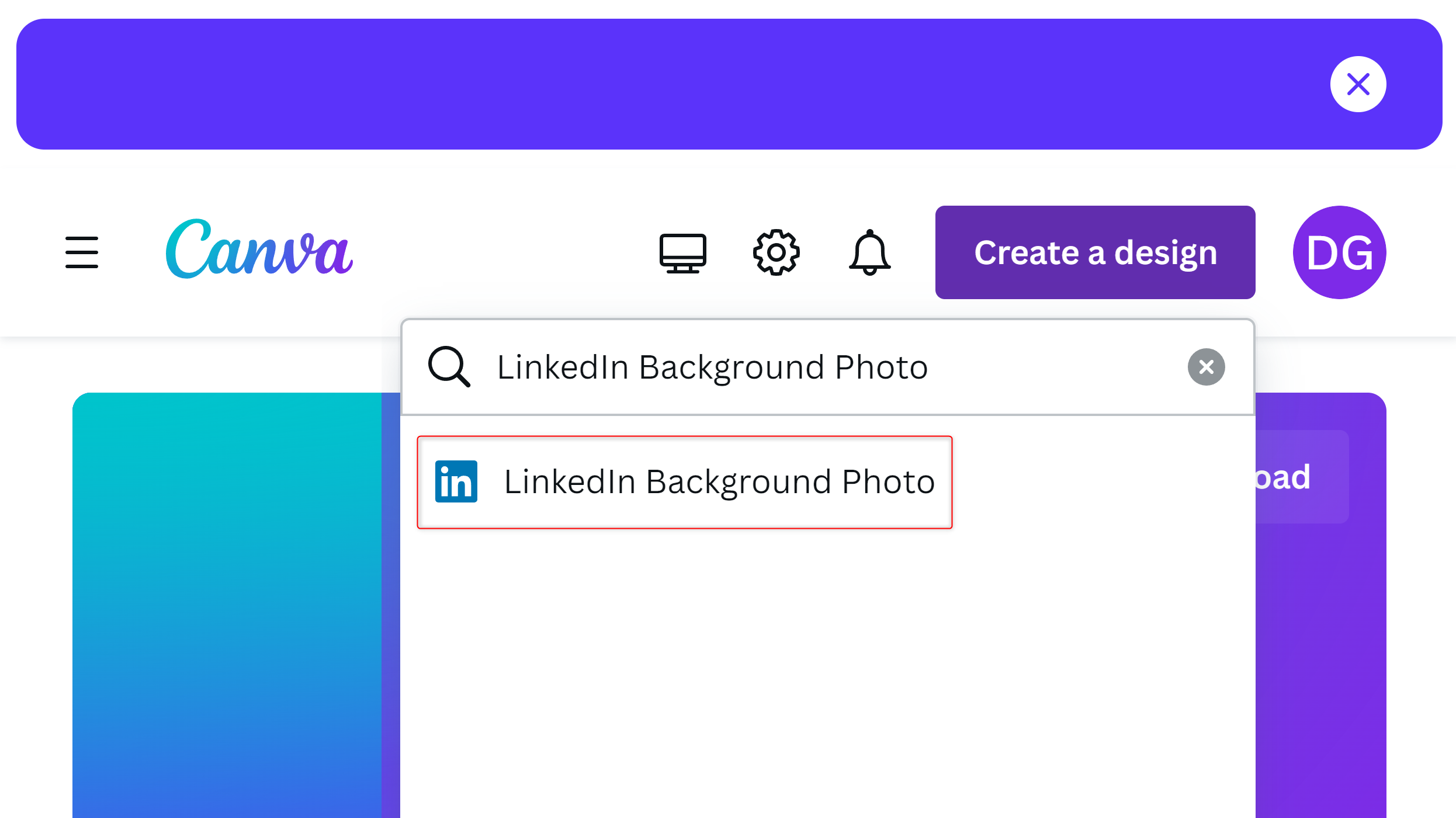 Рабочая область Canva при создании фонового изображения LinkedIn
