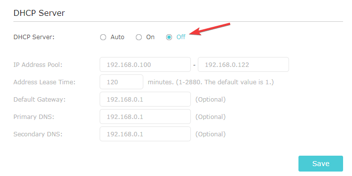 Отключение сервера DHCP в настройках LAN