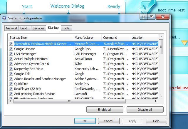 Вкладка Автозагрузка в MSConfig: список программ, запускающихся при старте