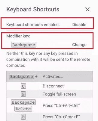 Выбор модификатора клавиш в Chrome Remote Desktop