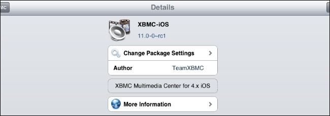 Cydia — страница пакета XBMC-IOS, кнопка Install