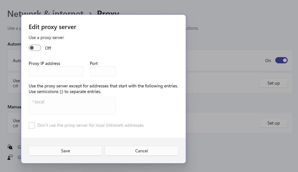 The Edit proxy server option 