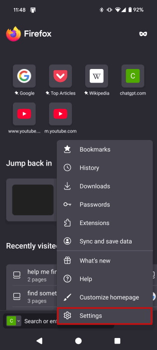 Переход в Настройки Firefox для Android.
