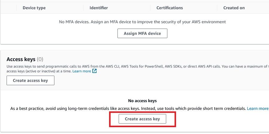 Создание Access key
