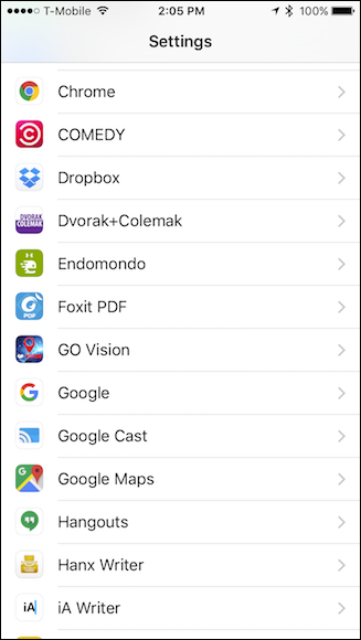 Параметры приложения Dropbox в системных настройках iOS