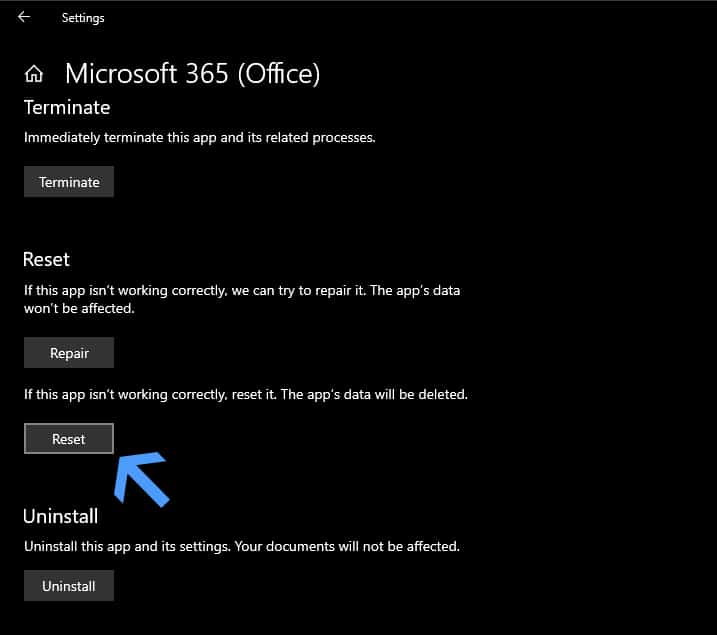 Кнопка Reset для сброса параметров Office