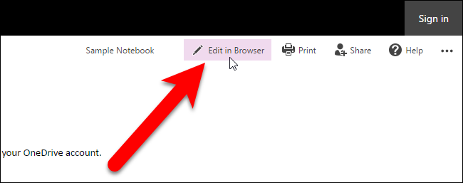 Кнопка Изменить в браузере в OneNote Online