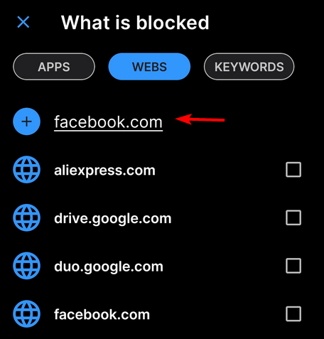 Добавление сайта для блокировки в AppBlock на Android