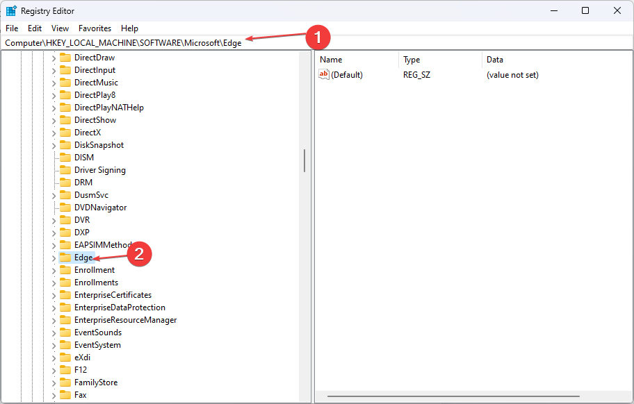 Путь реестра для Microsoft Edge в редакторе реестра