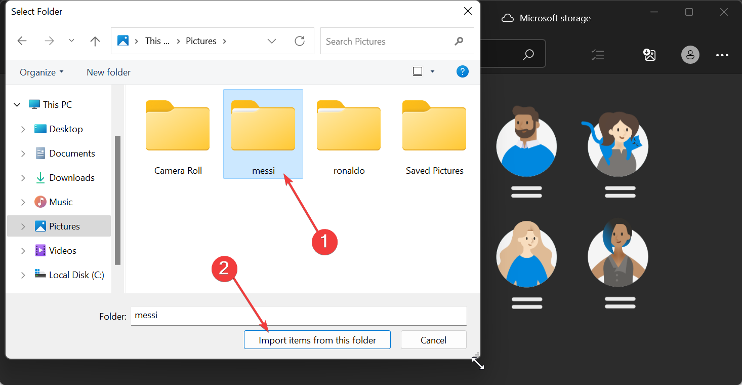Выбор папки для импорта в Windows Photos