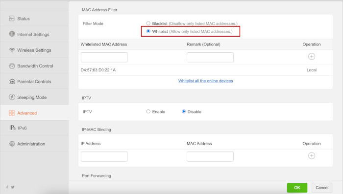 Переключатель режима белого списка в админ‑панели Tenda