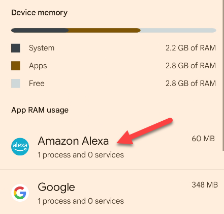 Список запущенных служб Android с показом использования памяти