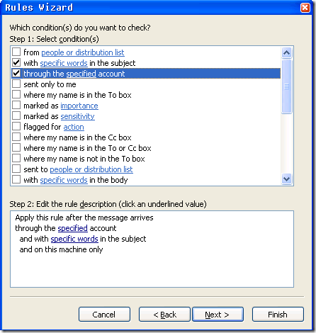Выбор конкретного почтового аккаунта для правила