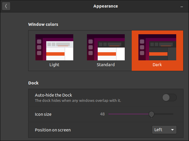 Окно внешнего вида Ubuntu с выбранной тёмной темой Yaru