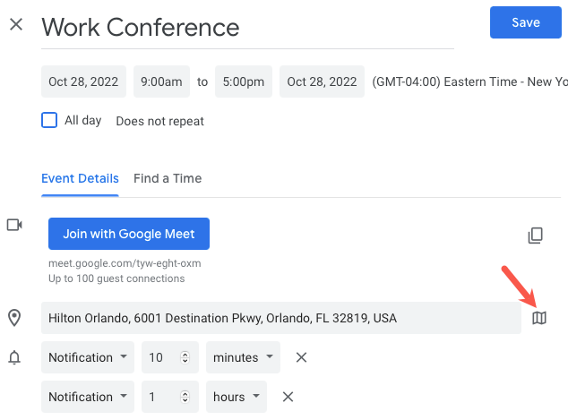 Значок карты рядом с местом на странице с деталями события