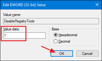 Окно свойства DisableRegistryTools со значением 1