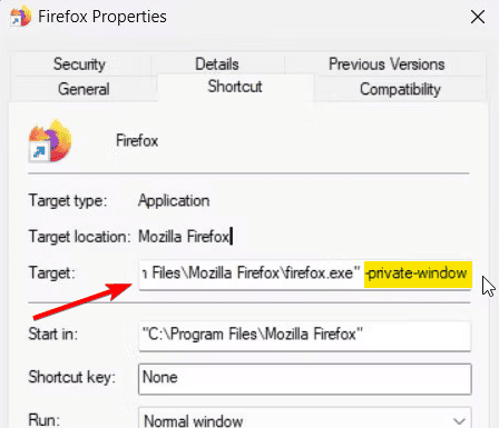 Аргумент -private-window в поле Цель ярлыка Firefox