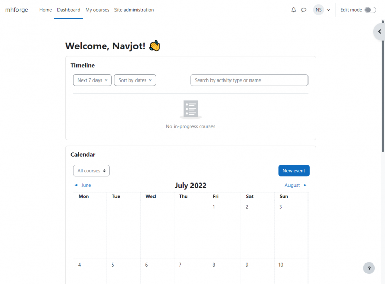 Панель управления Moodle после установки