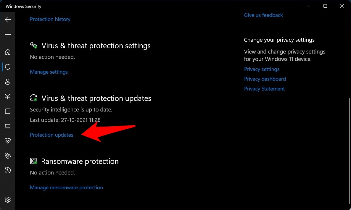 Раздел обновлений защитных сигнатур в Windows Security