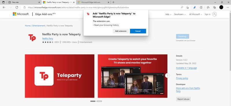 Подтверждение установки расширения в Edge