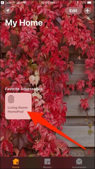 Экран приложения «Дом» с иконкой HomePod в разделе «Любимые аксессуары»