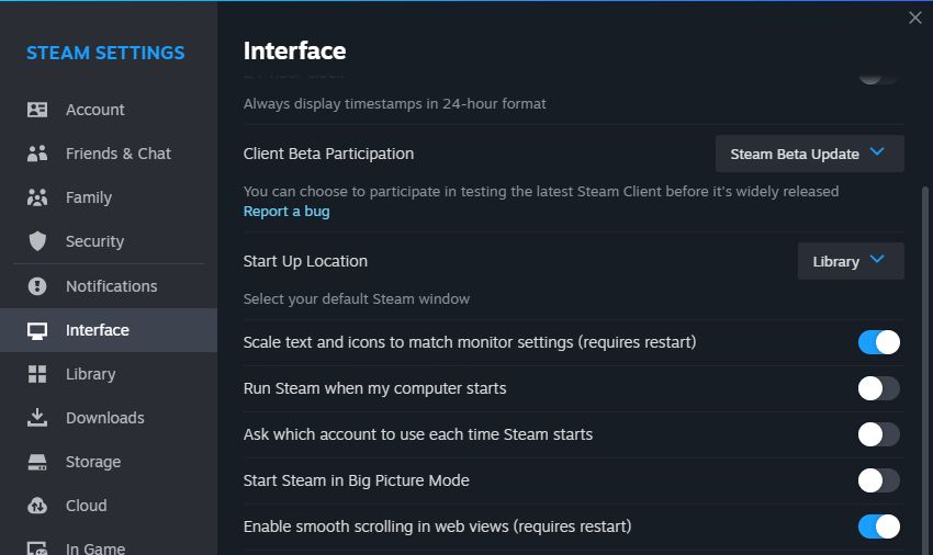 Интерфейс настроек Steam с переключателем автозапуска