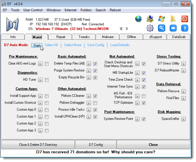 Вкладка обслуживание