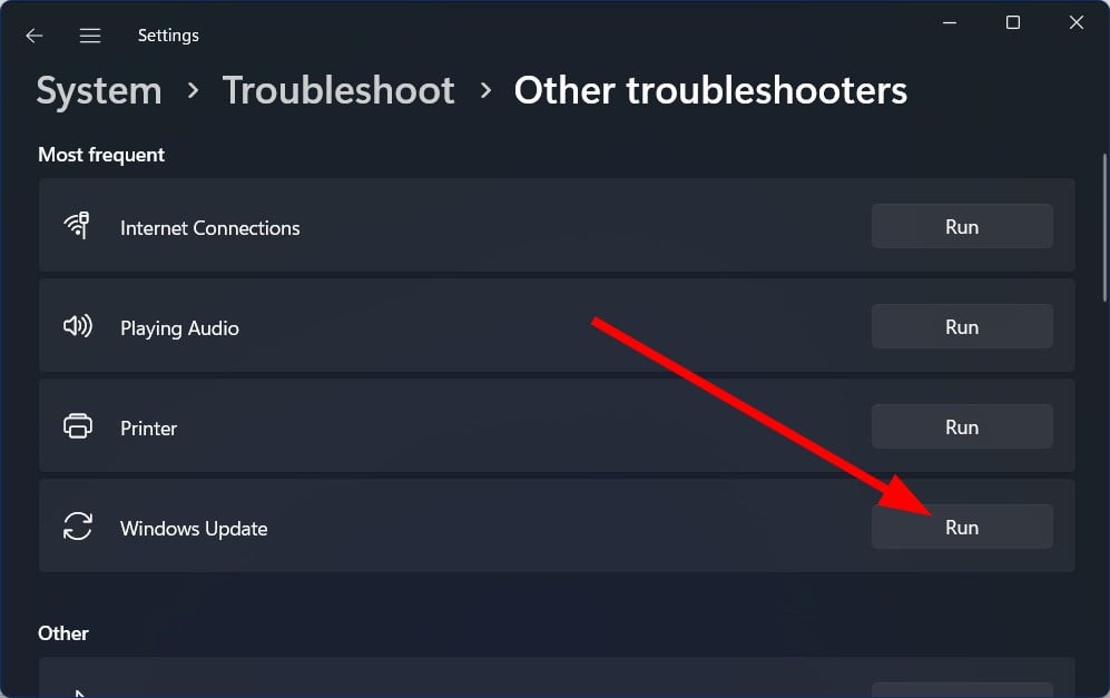 Кнопка Запустить для устранения неполадок Центра обновления Windows