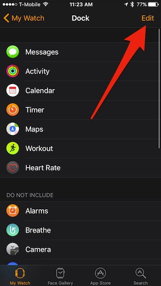 Скриншот: экран редактирования Dock в приложении Watch с кнопкой Edit