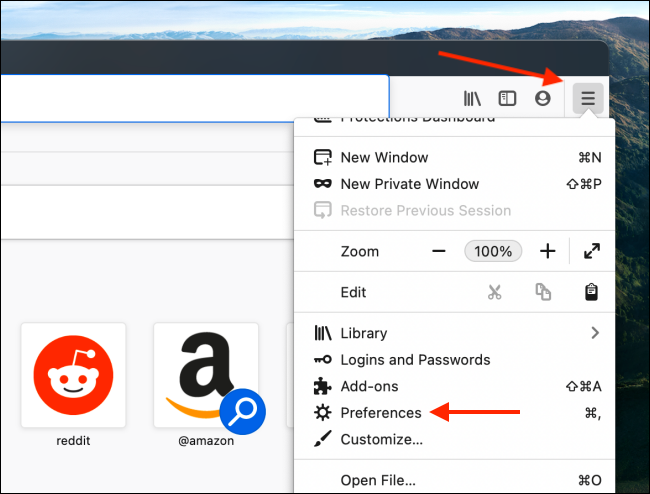Открыть настройки через меню Firefox