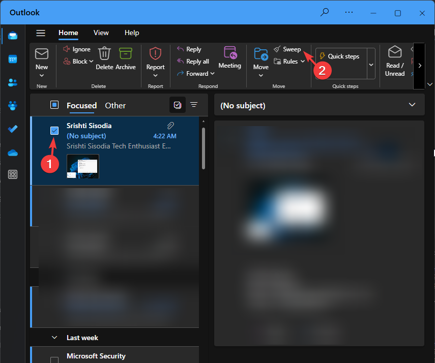 Интерфейс Sweep в Outlook — пример использования