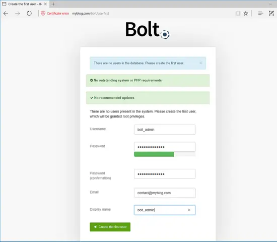 Установщик Bolt CMS — экран создания первого пользователя