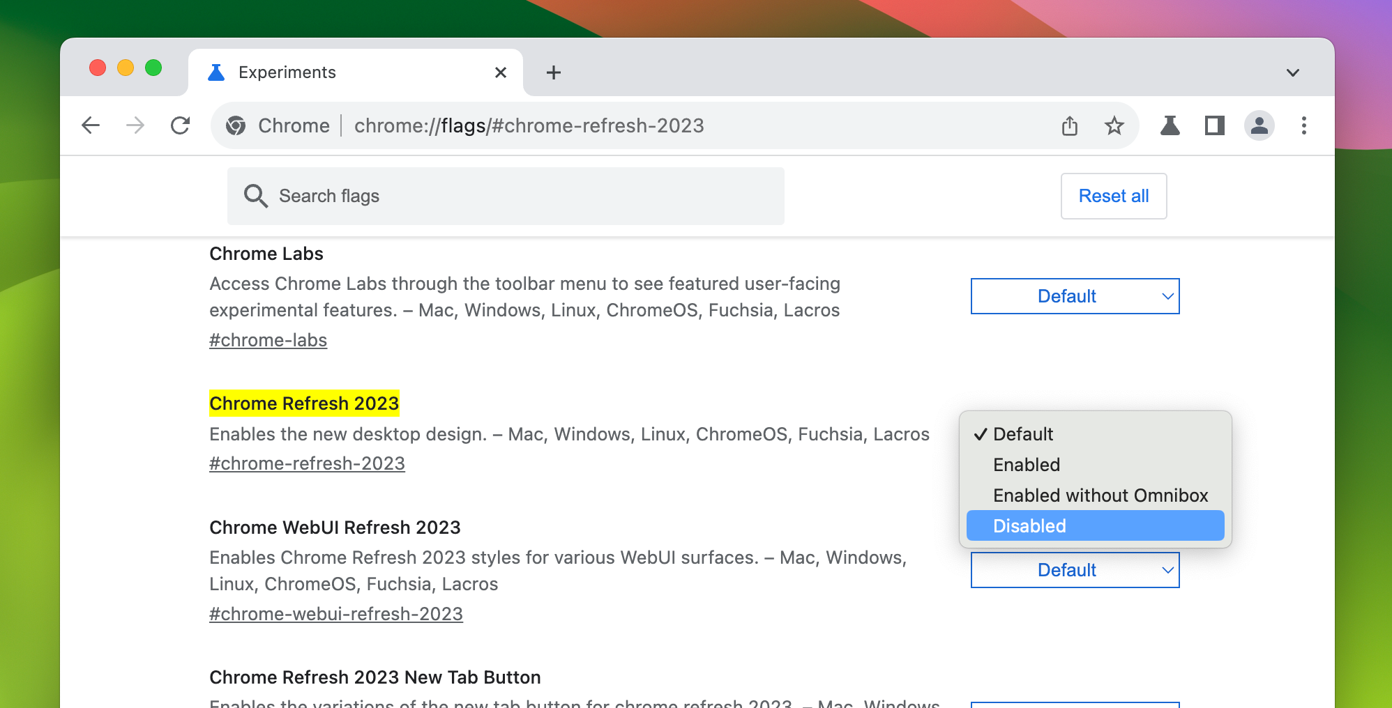 Отключение флага Chrome Refresh 2023 в списке экспериментов