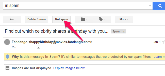Нажмите «Not Spam» вверху письма