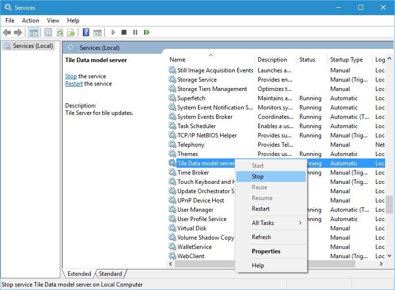Служба tiledatamodelsvc в диспетчере служб