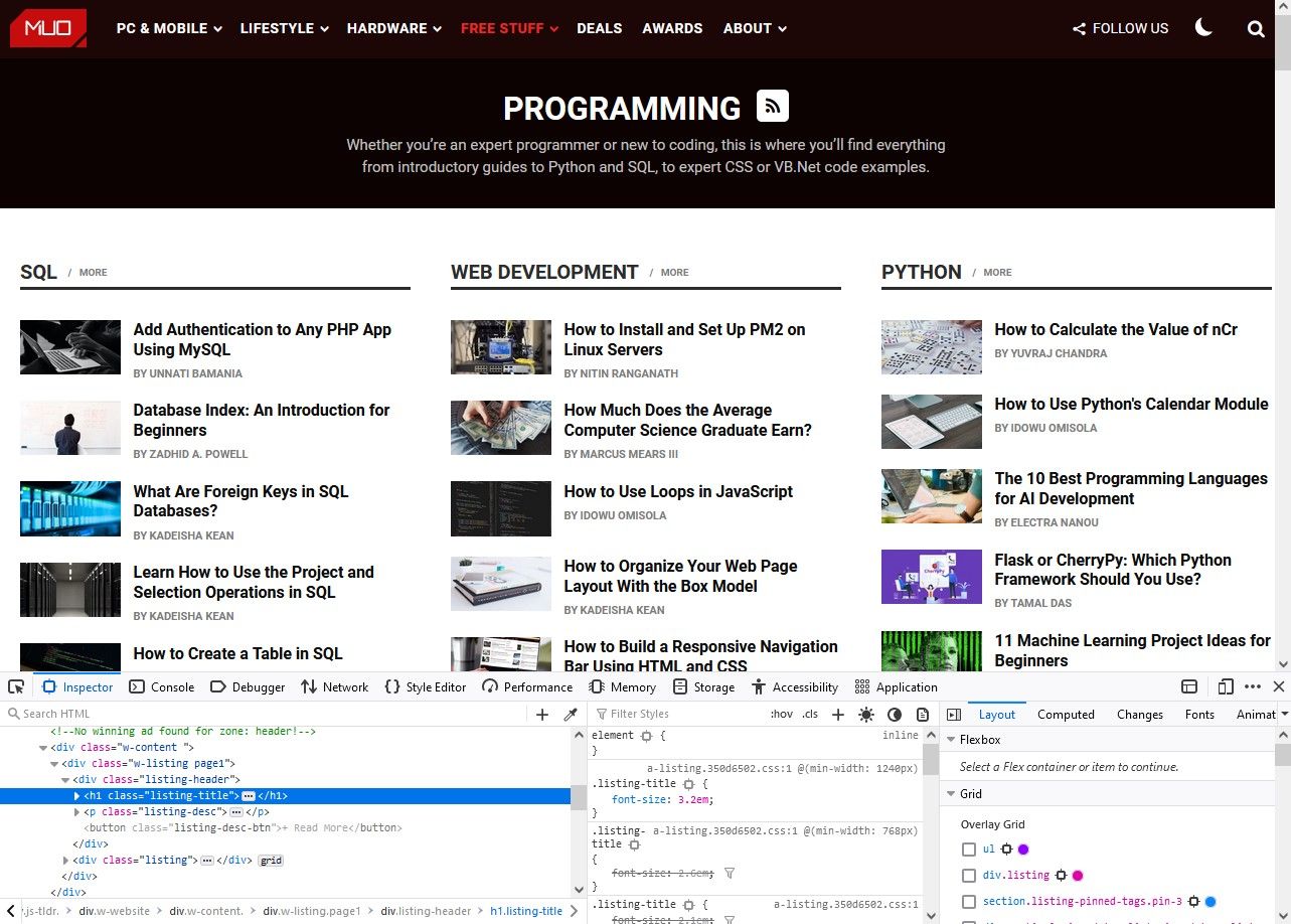 Окно инспектора Firefox, выделенный элемент