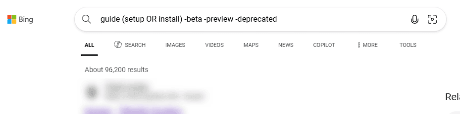 Пример группировки с OR и исключений в Bing