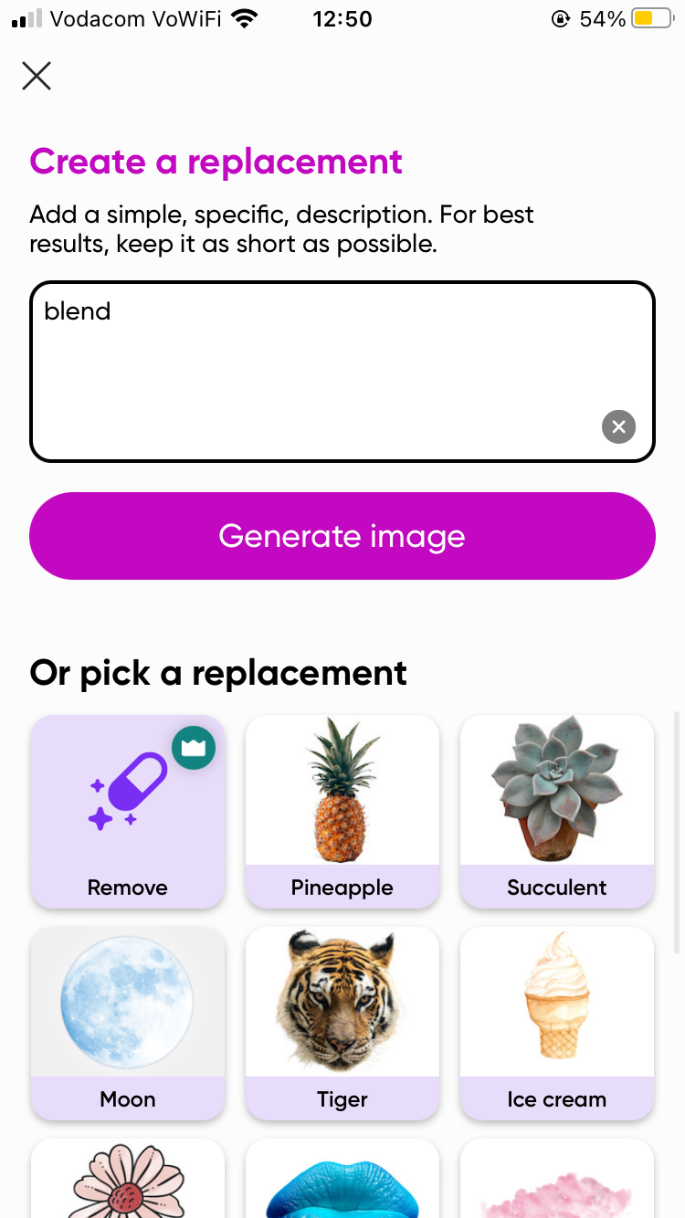 Ввод подсказа для AI Replace в приложении Picsart