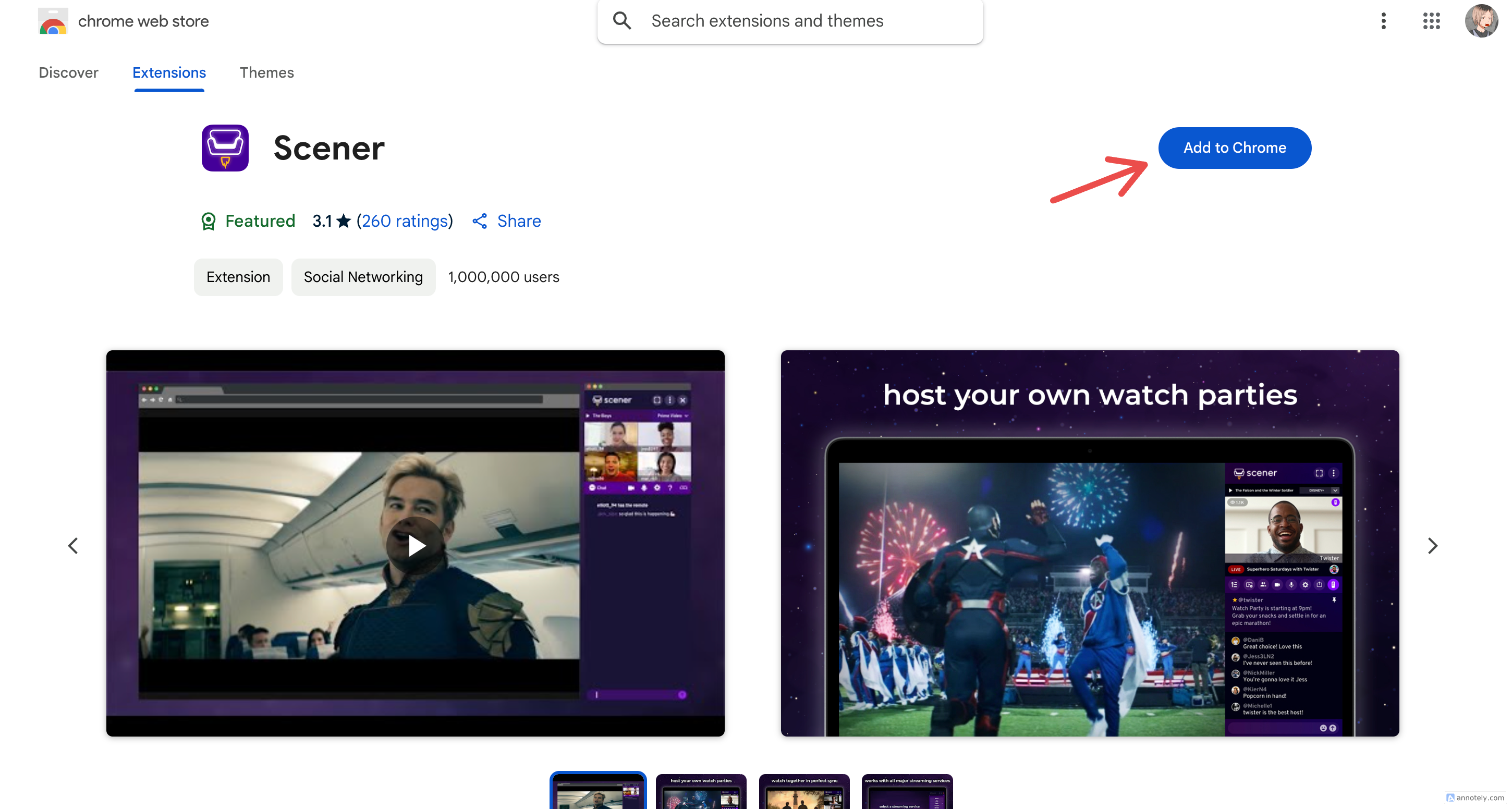 Установка расширения Scener в Google Chrome.