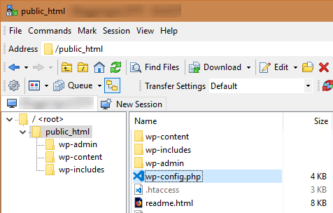 Открытие файла wp-config.php в FTP-клиенте