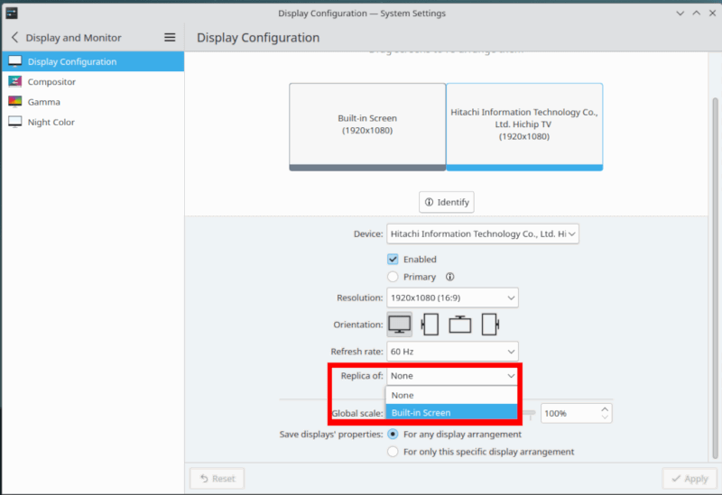 Скриншот настройки Replica для внешнего дисплея в KDE.