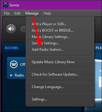 Окно Sonos: Manage > Add Radio Station