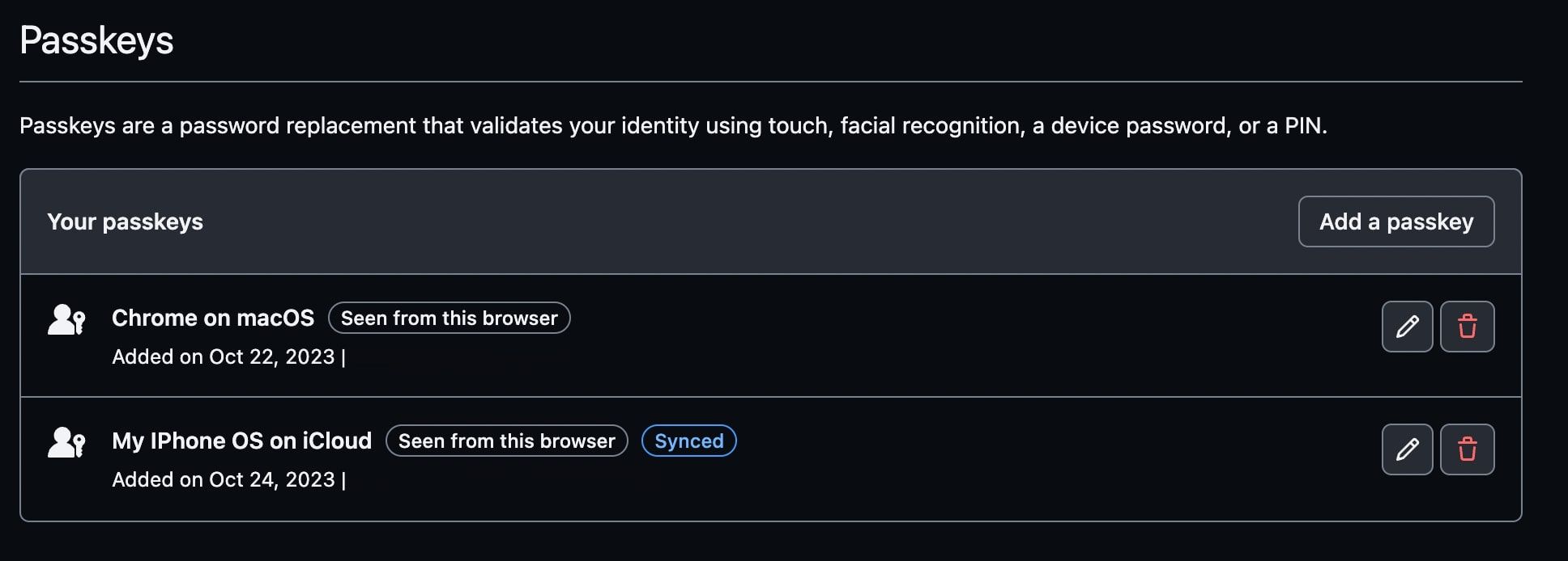 a second Passkey added
