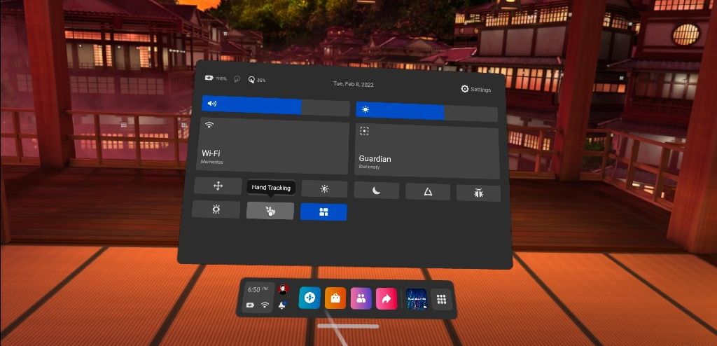 Панель быстрых настроек Oculus Quest