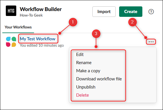 Меню управления отдельным workflow: редактировать, отменить публикацию, удалить
